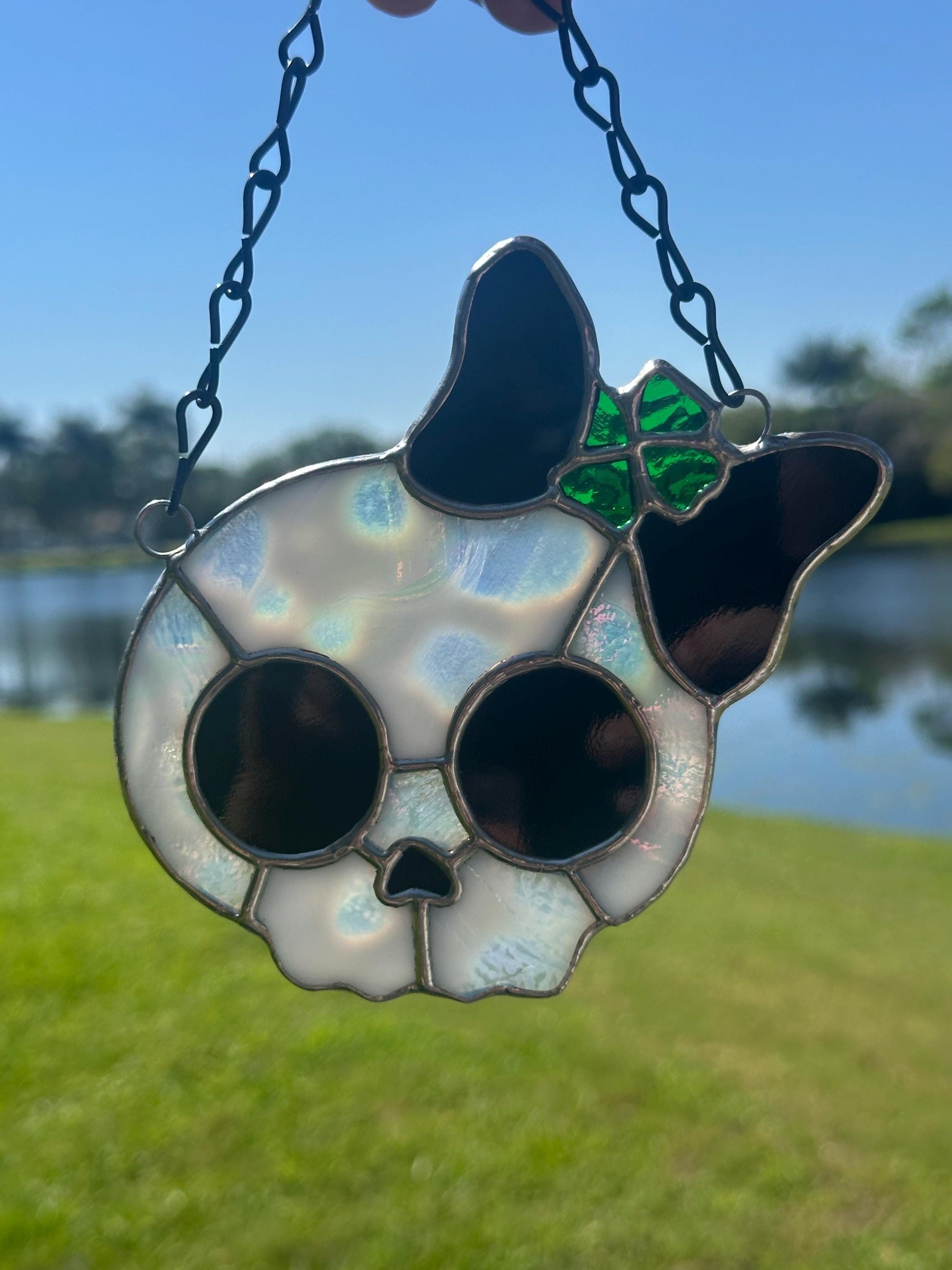 Stained Glass Skull Suncatcher with Clover Accent – Gothic Window Decor