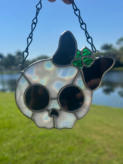 Stained Glass Skull Suncatcher with Clover Accent – Gothic Window Decor