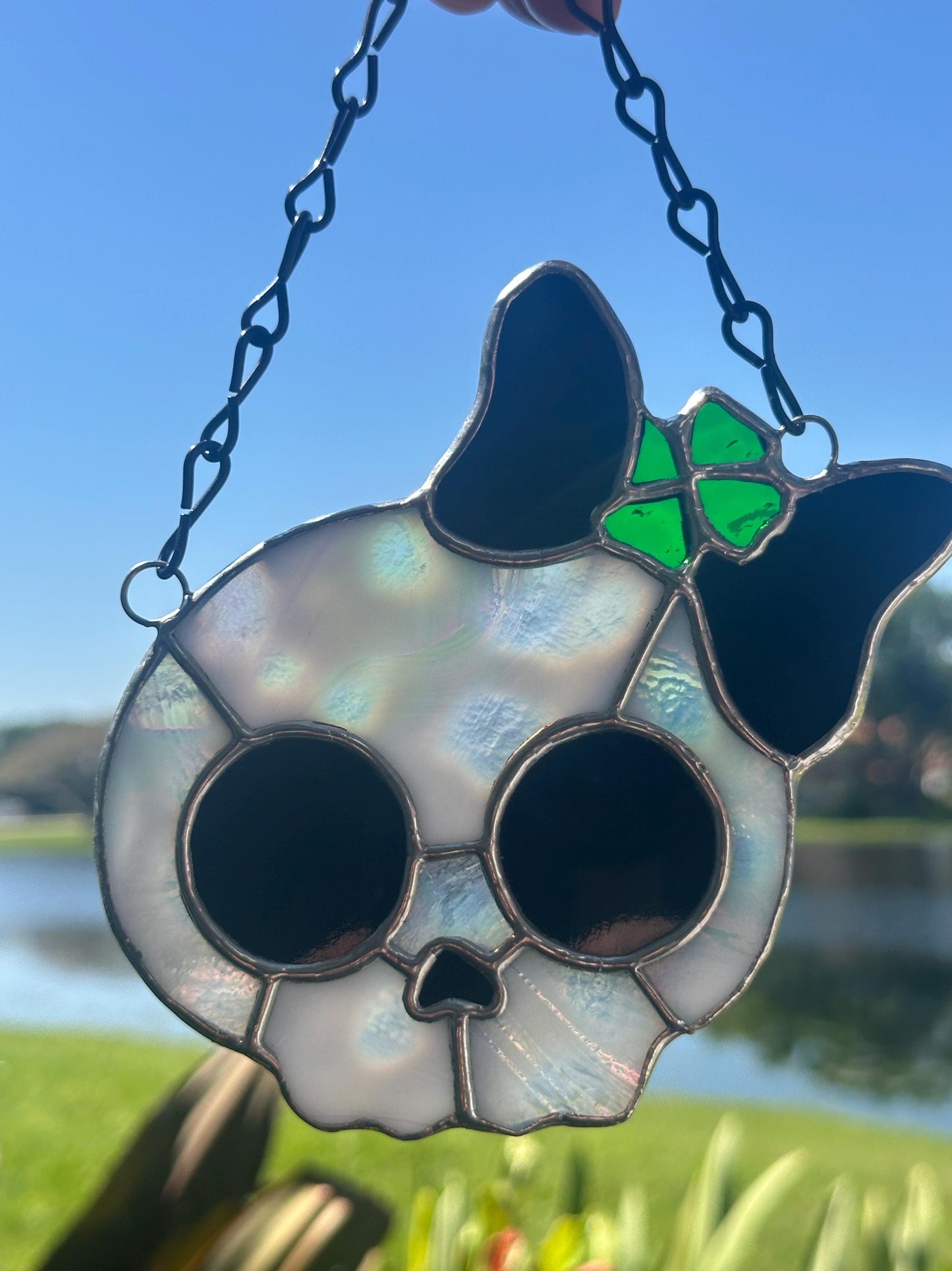 Stained Glass Skull Suncatcher with Clover Accent – Gothic Window Decor