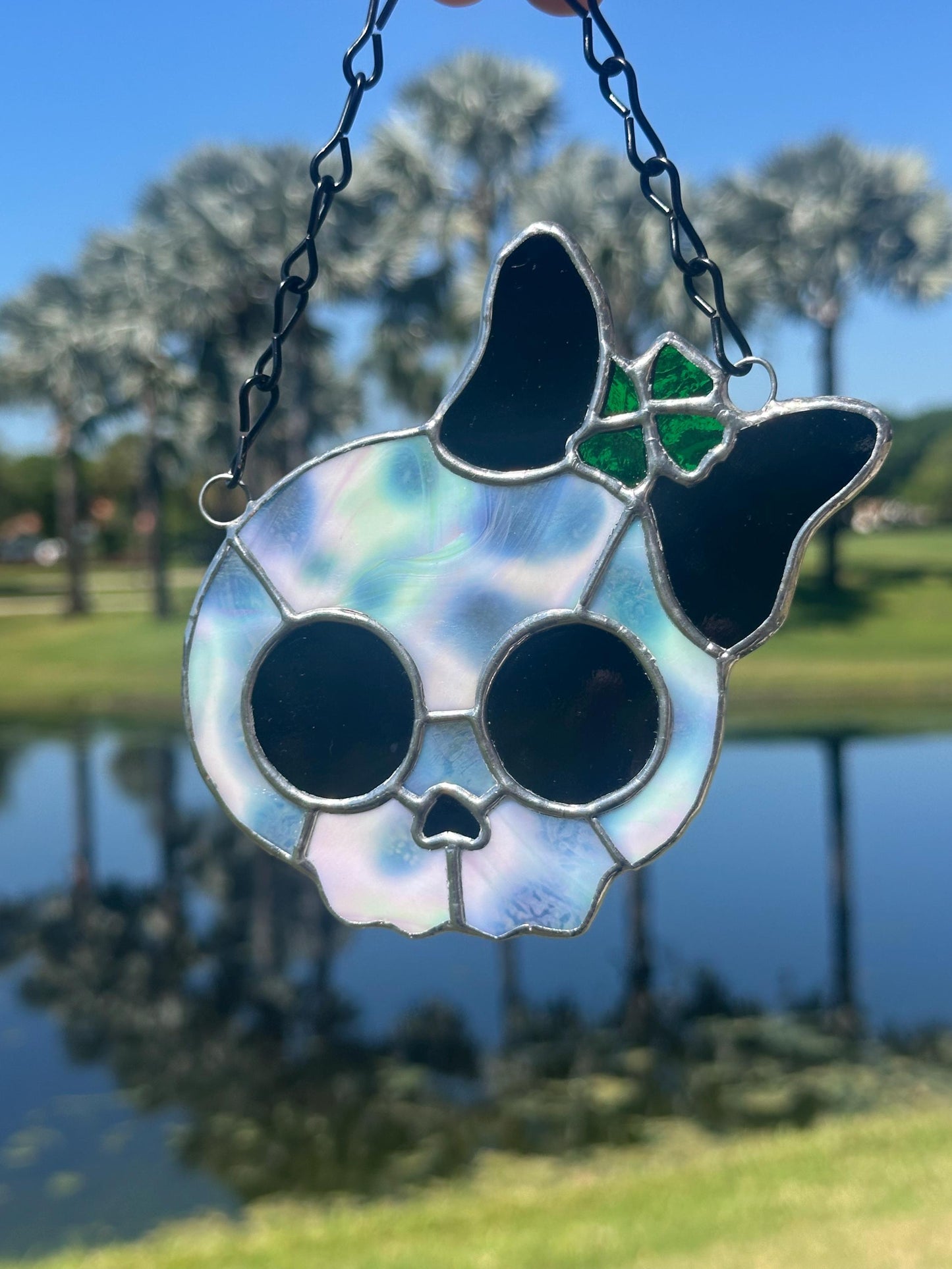 Stained Glass Skull Suncatcher with Clover Accent – Gothic Window Decor