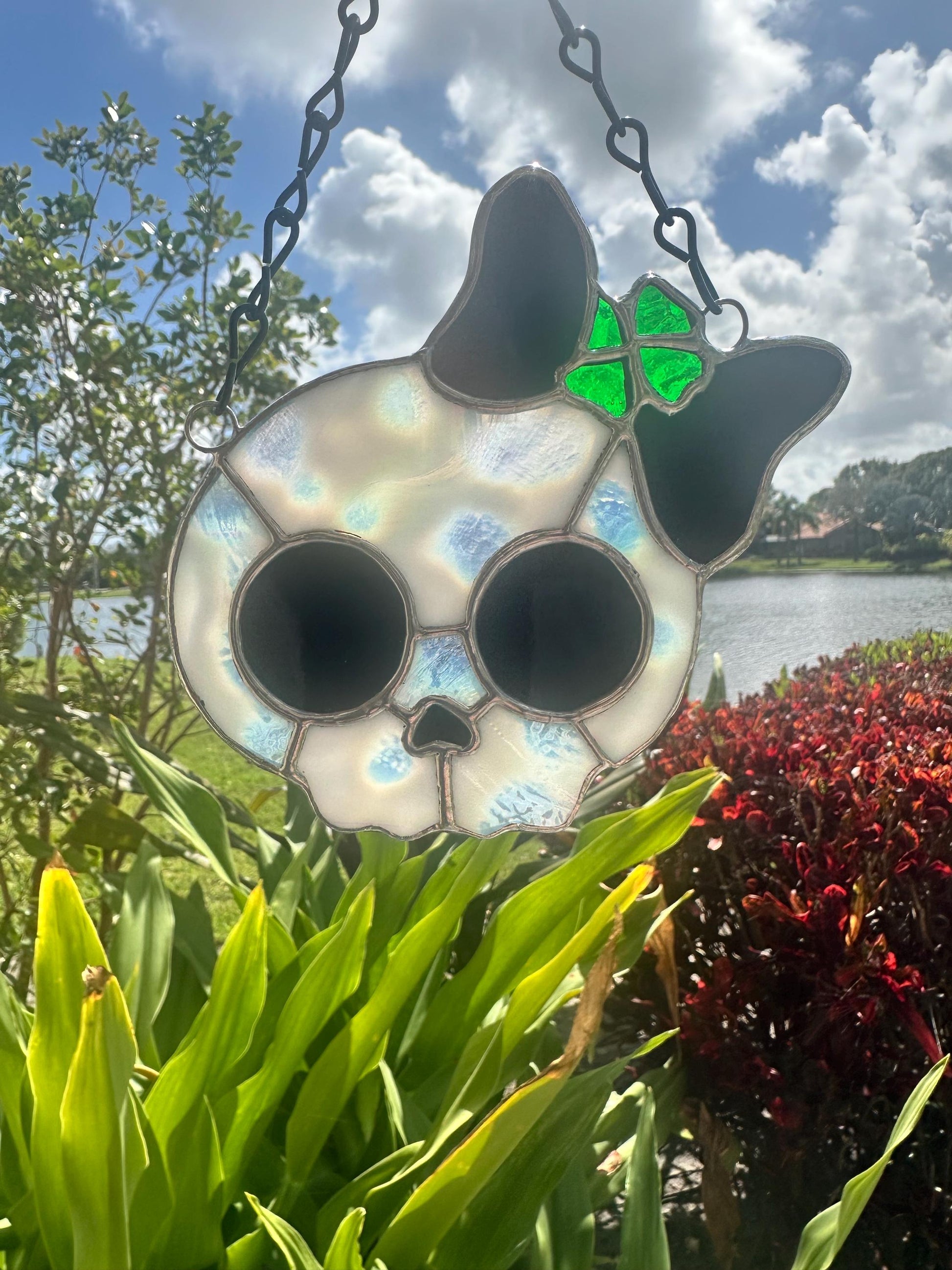 Stained Glass Skull Suncatcher with Clover Accent – Gothic Window Decor