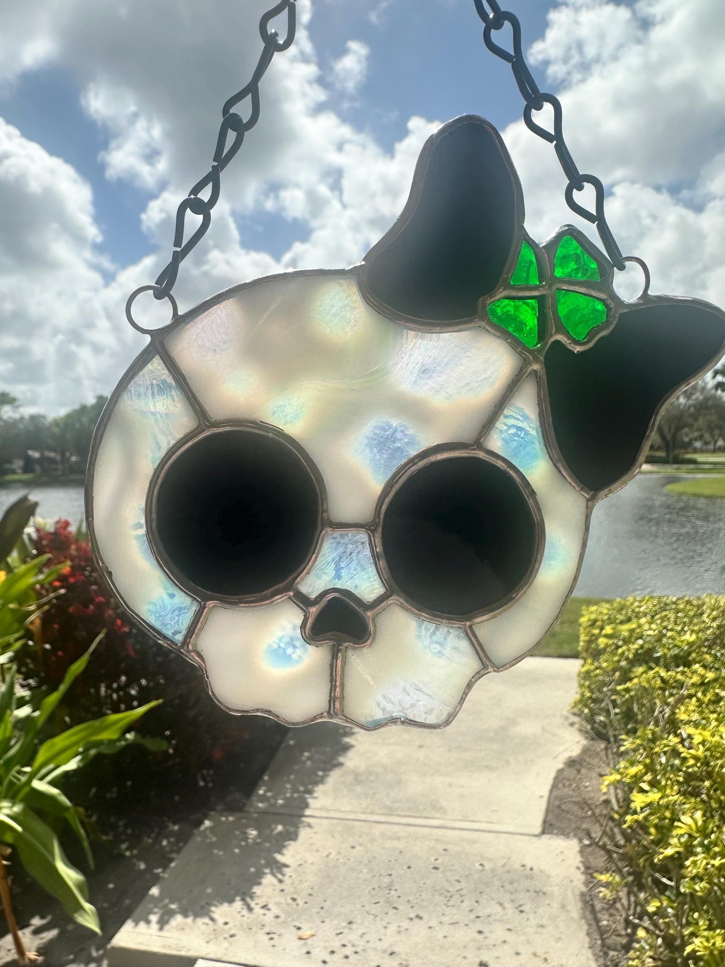 Stained Glass Skull Suncatcher with Clover Accent – Gothic Window Decor