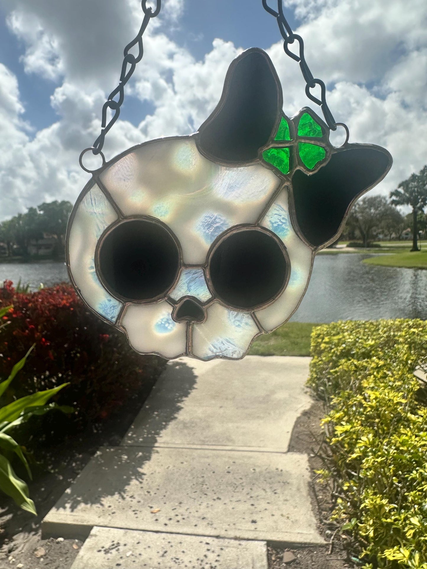 Stained Glass Skull Suncatcher with Clover Accent – Gothic Window Decor
