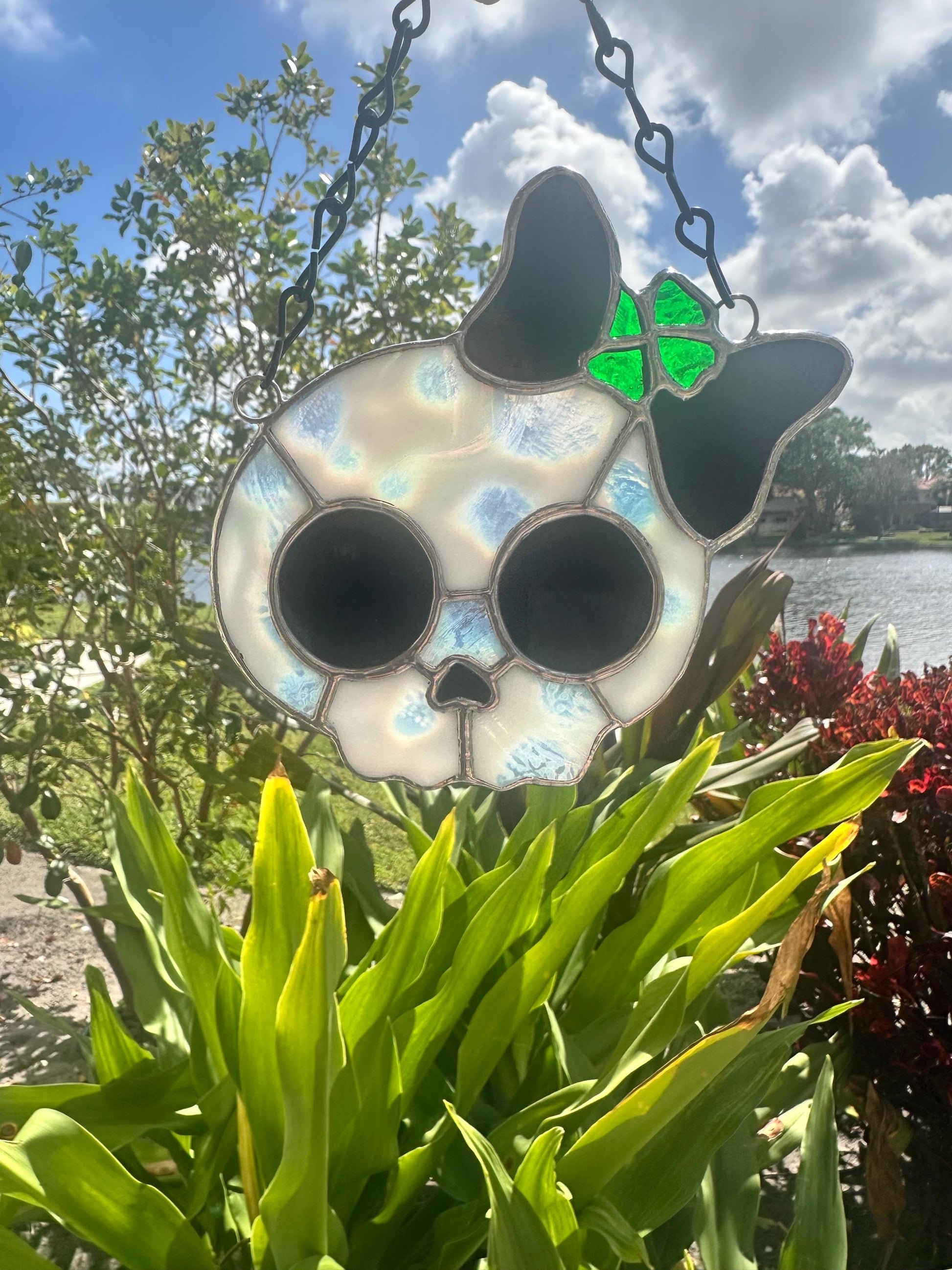 Stained Glass Skull Suncatcher with Clover Accent – Gothic Window Decor