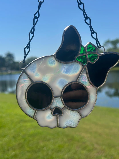 Stained Glass Skull Suncatcher with Clover Accent – Gothic Window Decor