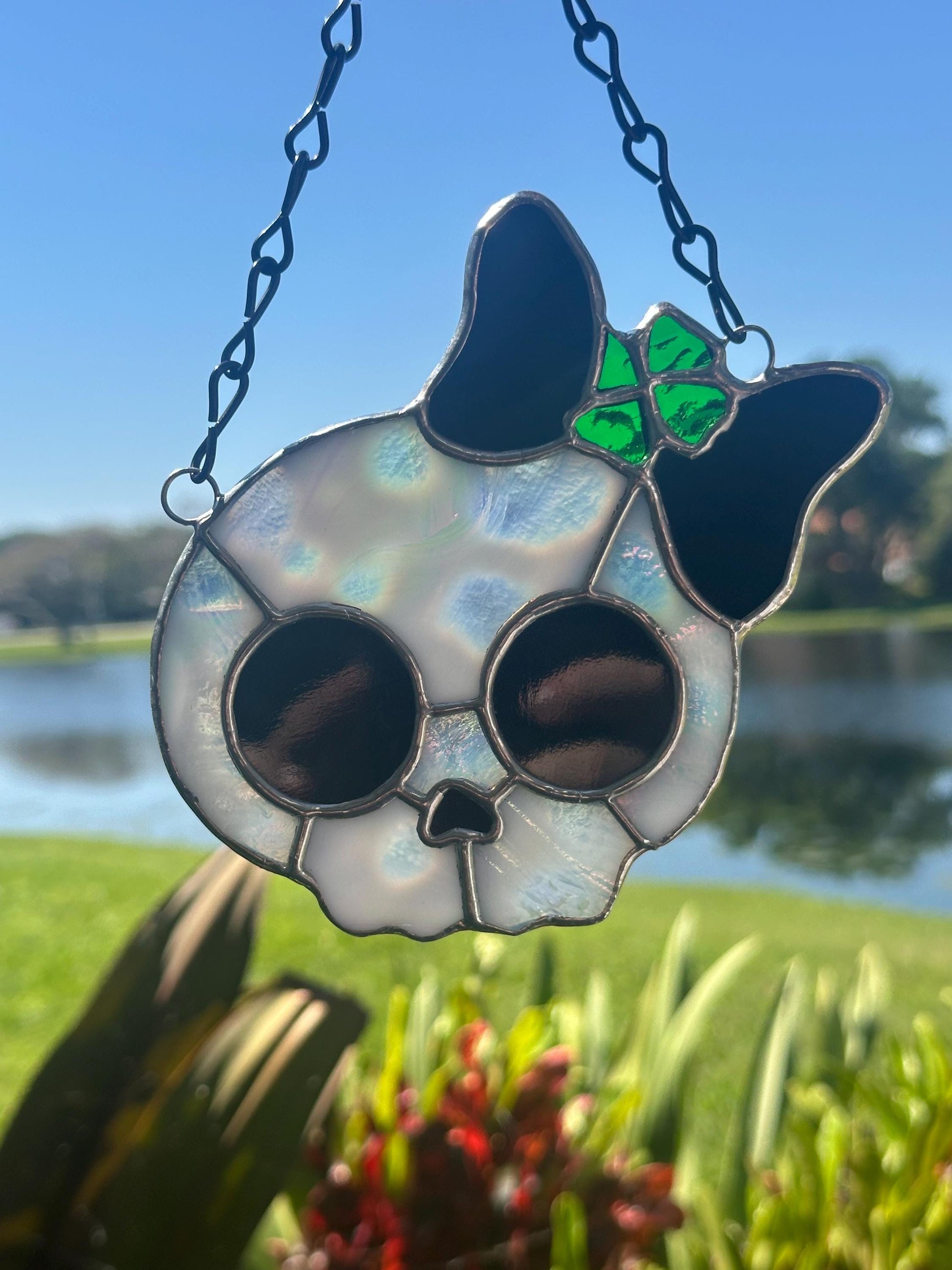 Stained Glass Skull Suncatcher with Clover Accent – Gothic Window Decor