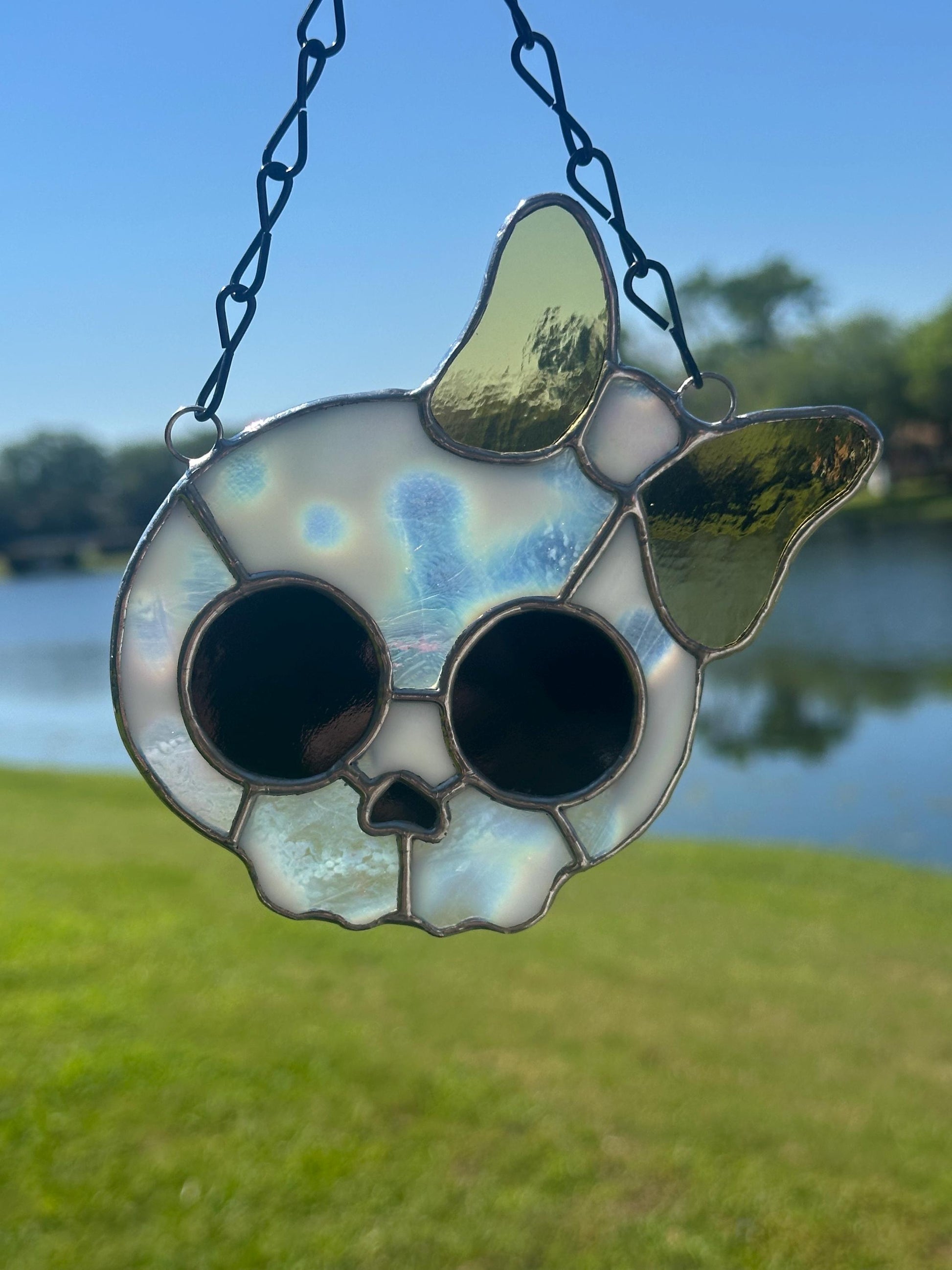 Stained Glass Skull Suncatcher with Bow Accent – Gothic Window Decor