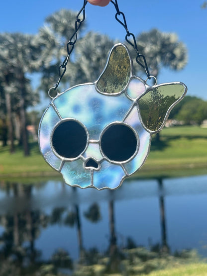 Stained Glass Skull Suncatcher with Bow Accent – Gothic Window Decor