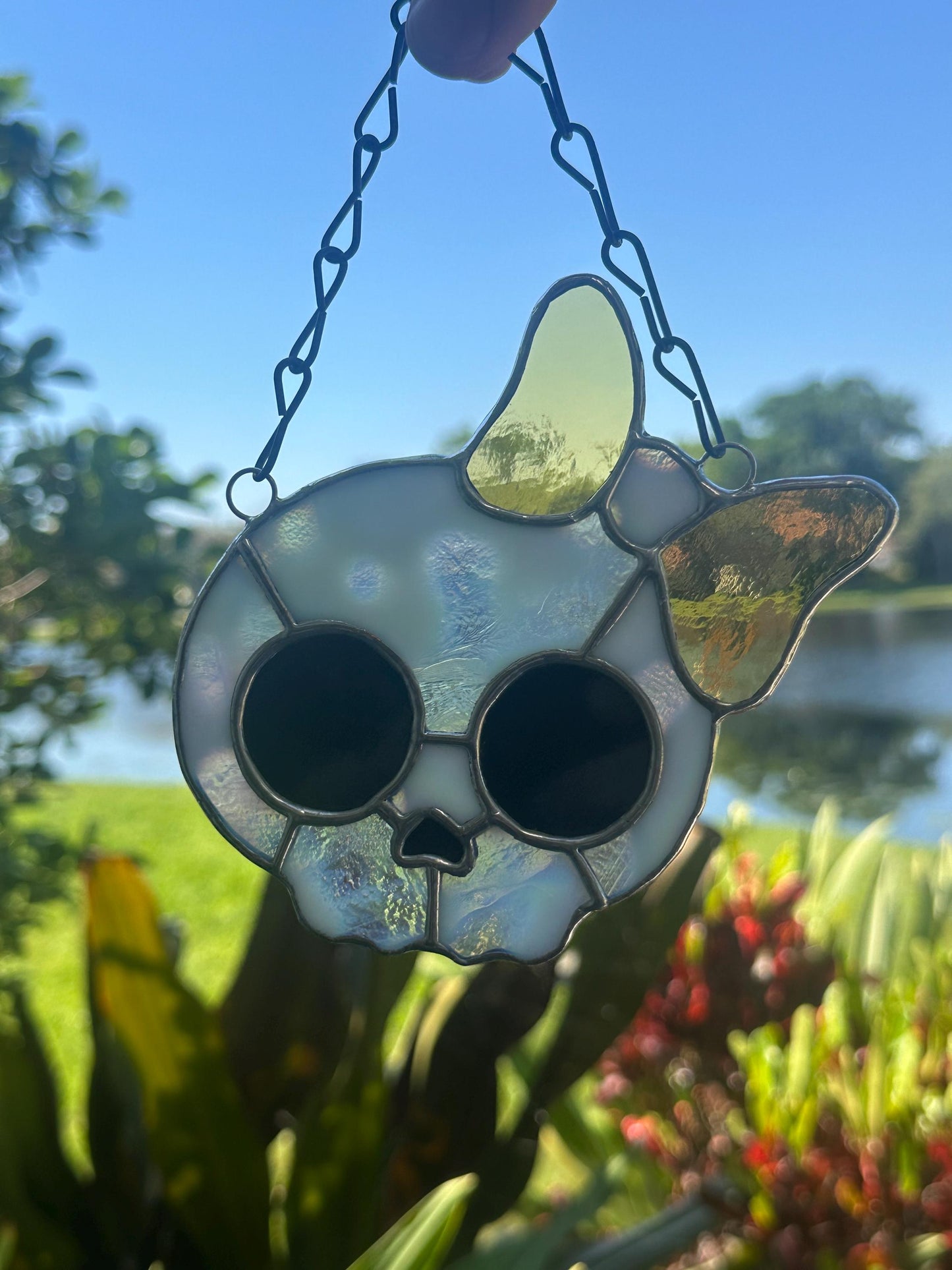 Stained Glass Skull Suncatcher with Bow Accent – Gothic Window Decor