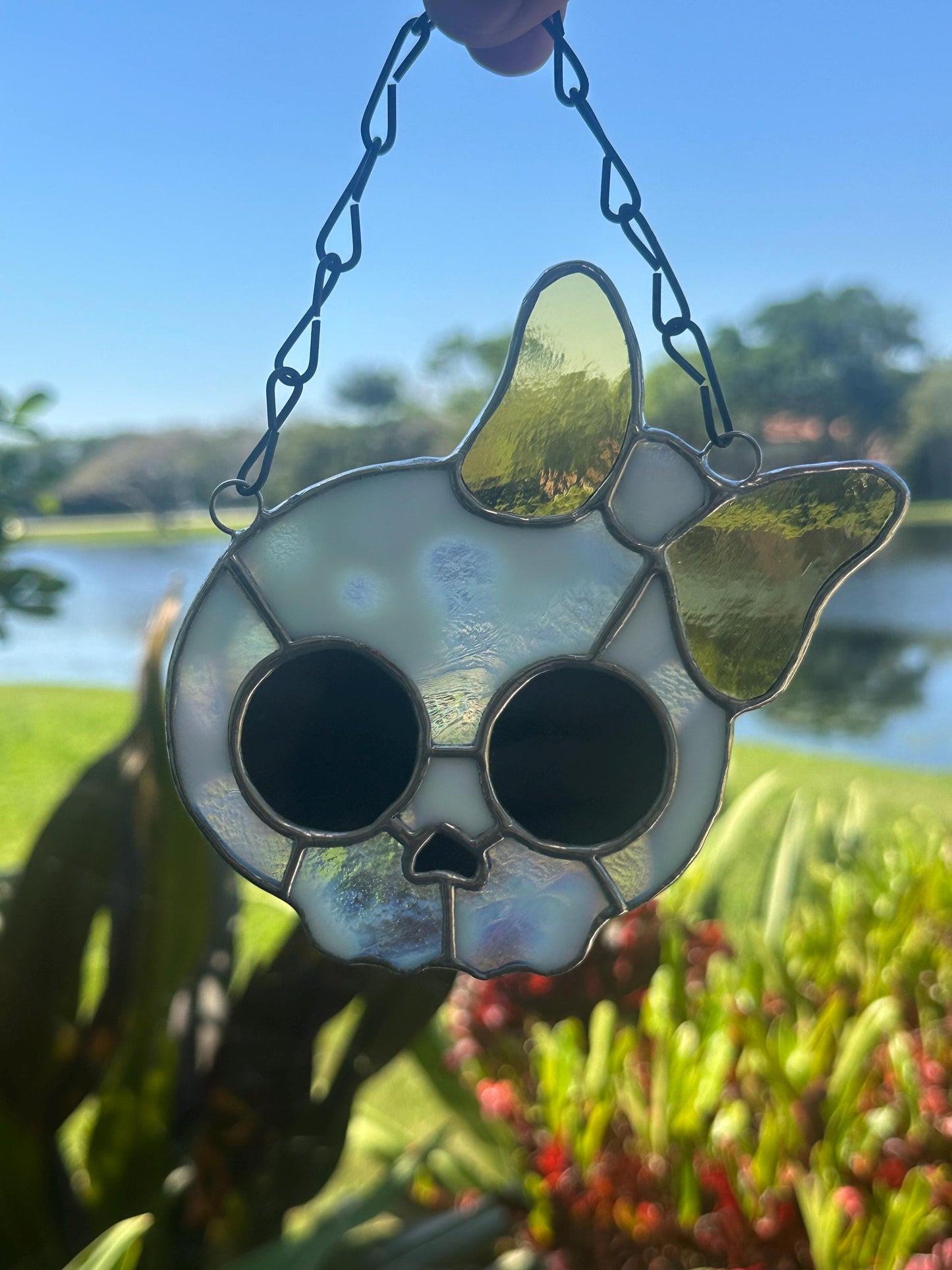 Stained Glass Skull Suncatcher with Bow Accent – Gothic Window Decor