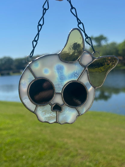 Stained Glass Skull Suncatcher with Bow Accent – Gothic Window Decor