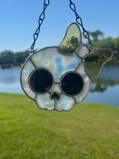 Stained Glass Skull Suncatcher with Bow Accent – Gothic Window Decor