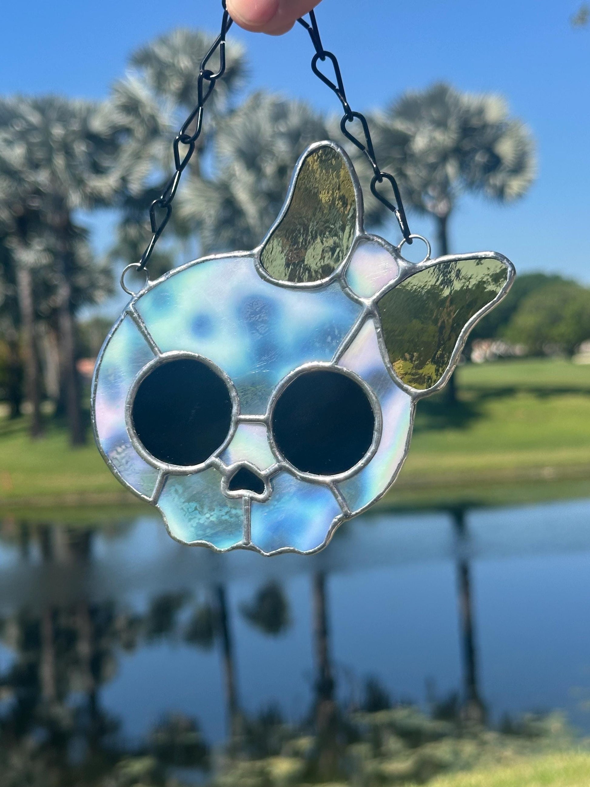 Stained Glass Skull Suncatcher with Bow Accent – Gothic Window Decor