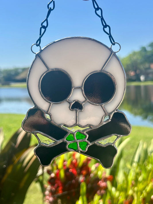 Four Leaf Clover Skull & Crossbones Stained Glass Suncatcher