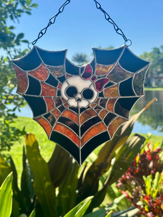 Stained Glass Spiderweb Skull Suncatcher | Gothic Window Hanging