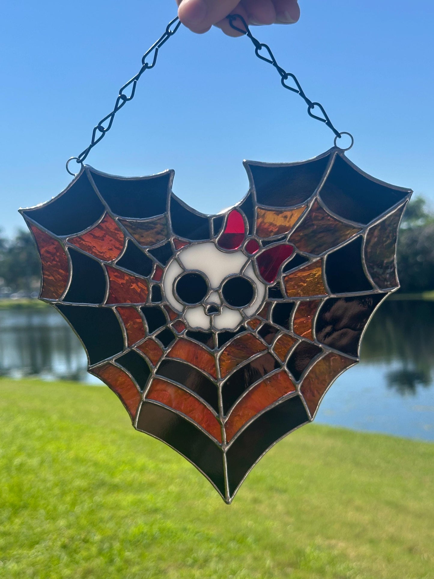 Stained Glass Spiderweb Skull Suncatcher | Gothic Window Hanging