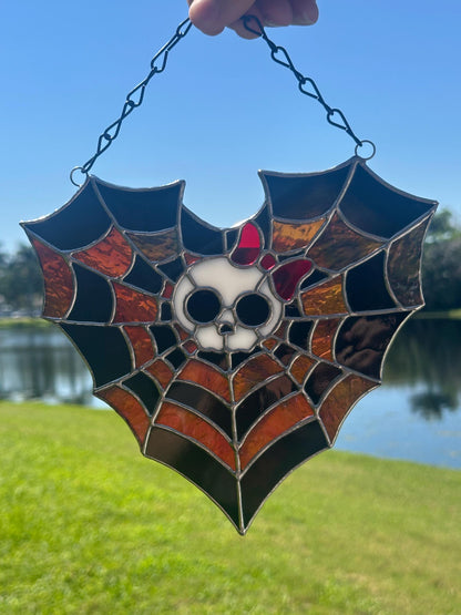 Stained Glass Spiderweb Skull Suncatcher | Gothic Window Hanging