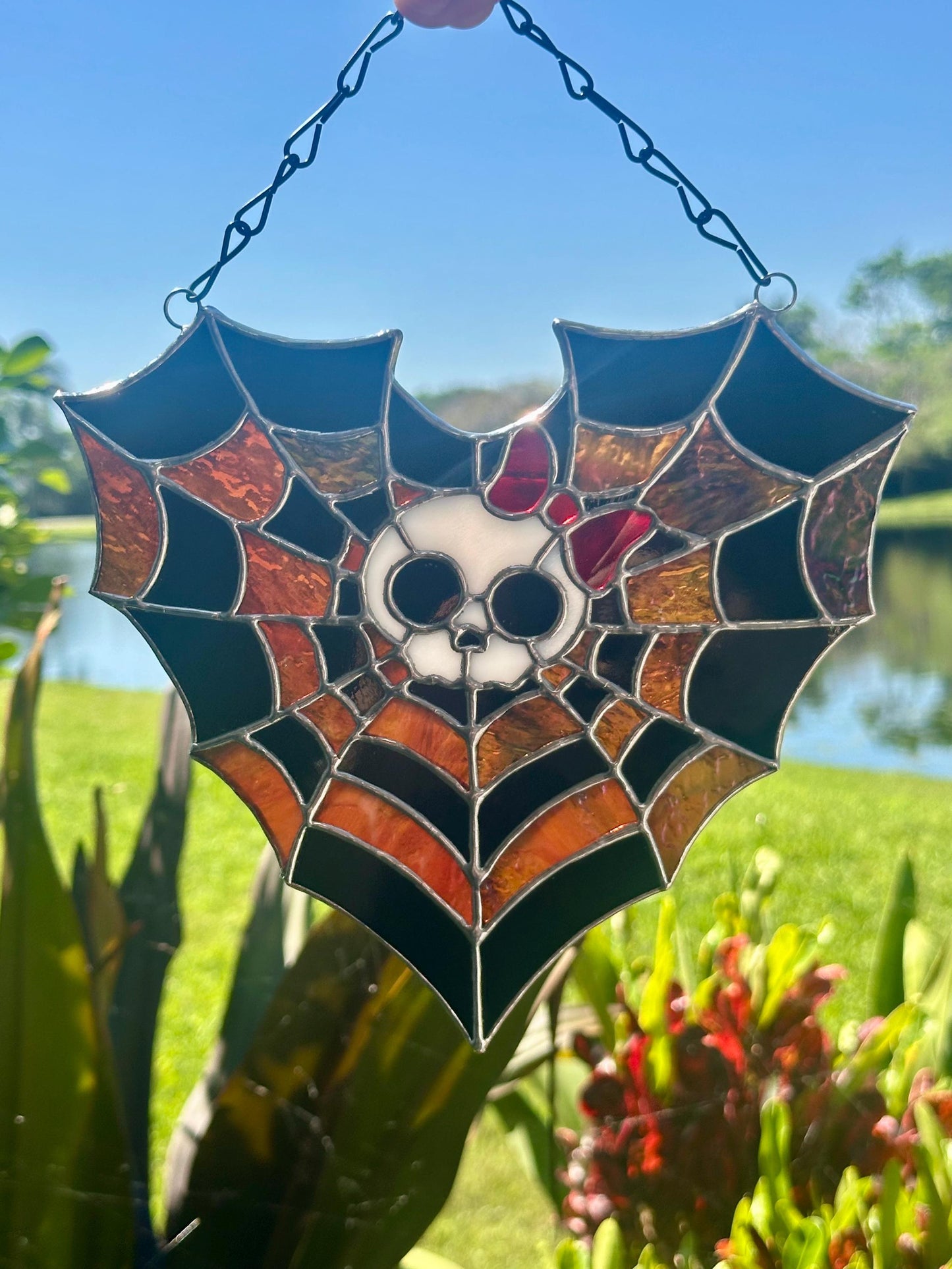 Stained Glass Spiderweb Skull Suncatcher | Gothic Window Hanging