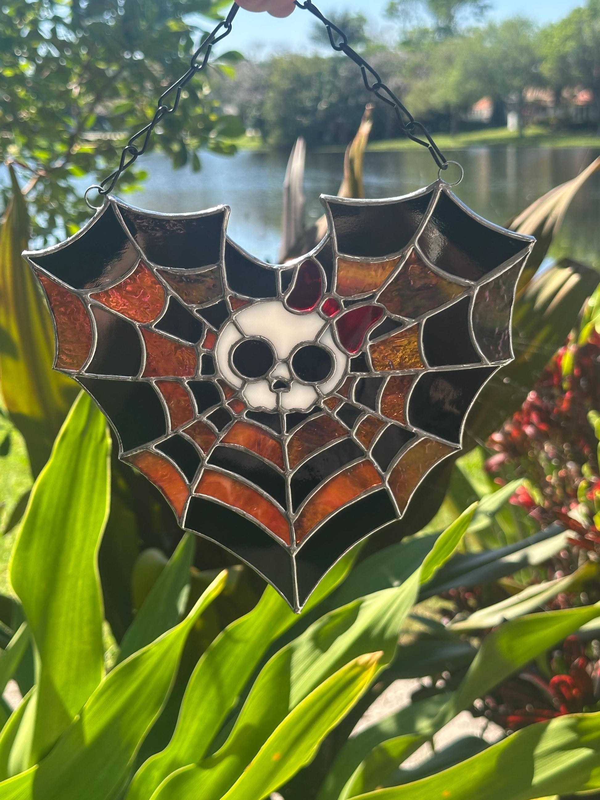 Stained Glass Spiderweb Skull Suncatcher | Gothic Window Hanging