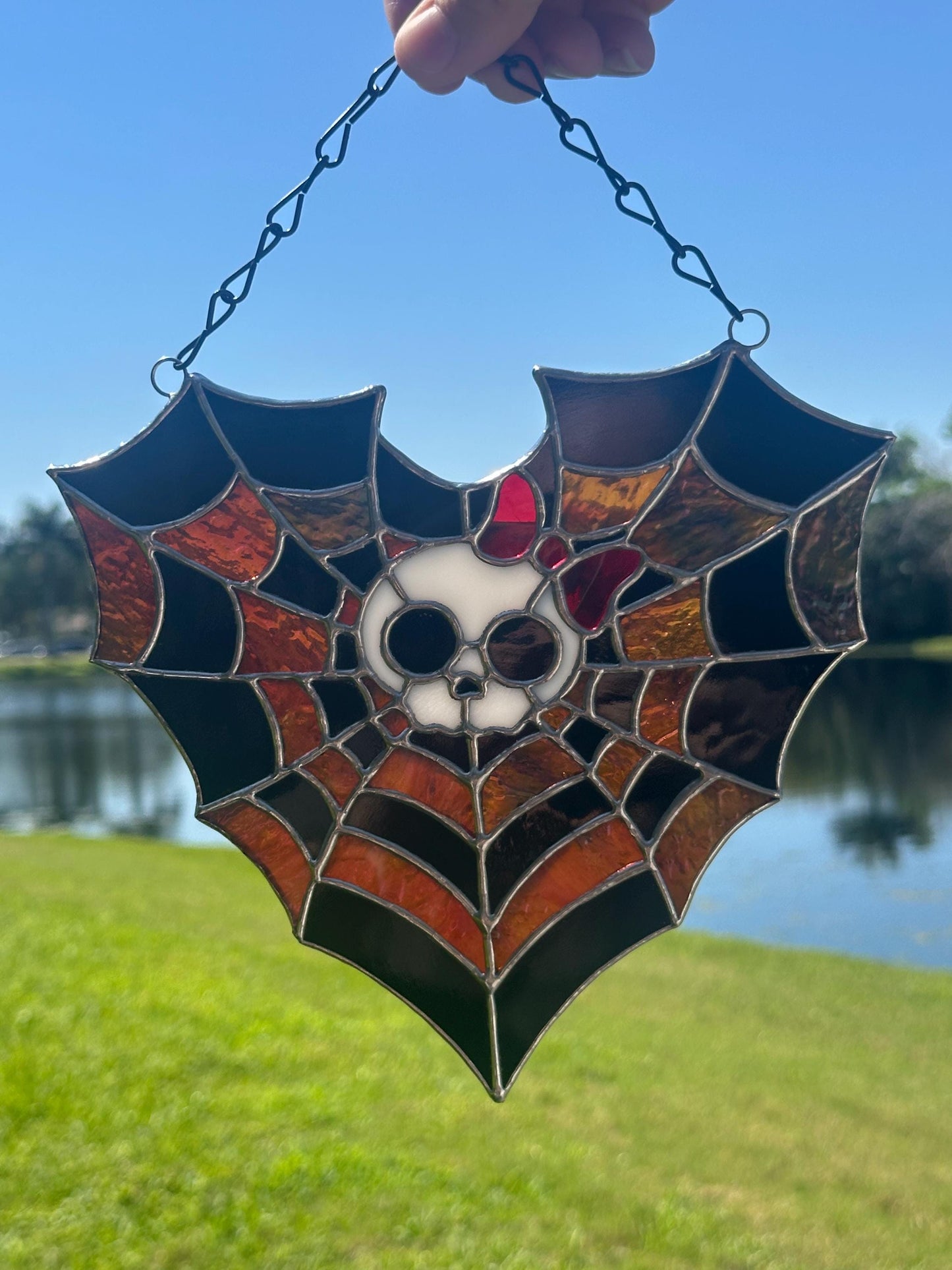 Stained Glass Spiderweb Skull Suncatcher | Gothic Window Hanging