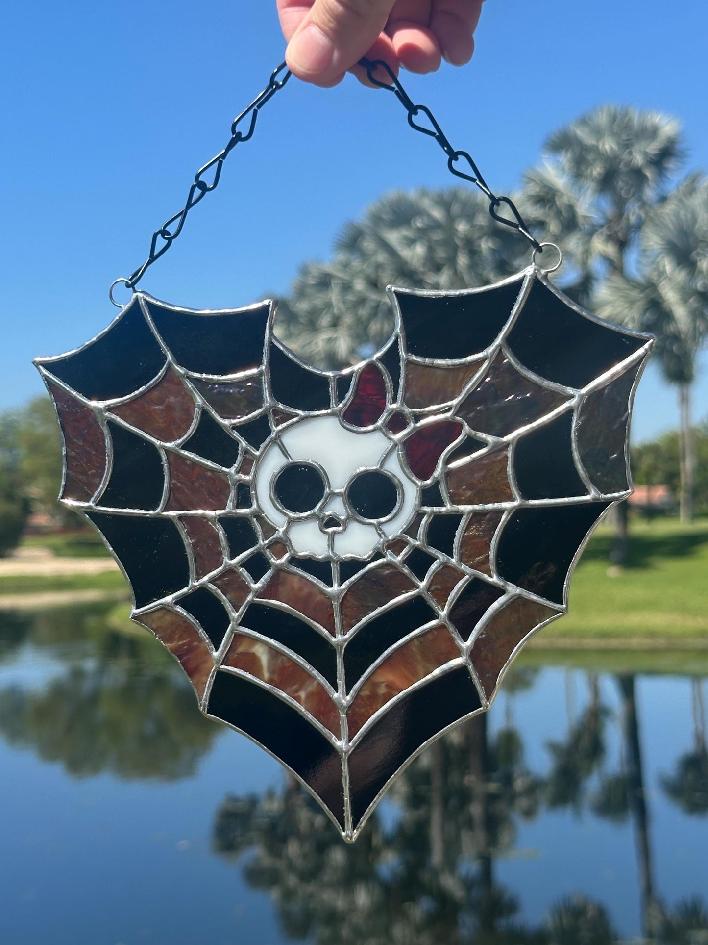 Stained Glass Spiderweb Skull Suncatcher | Gothic Window Hanging