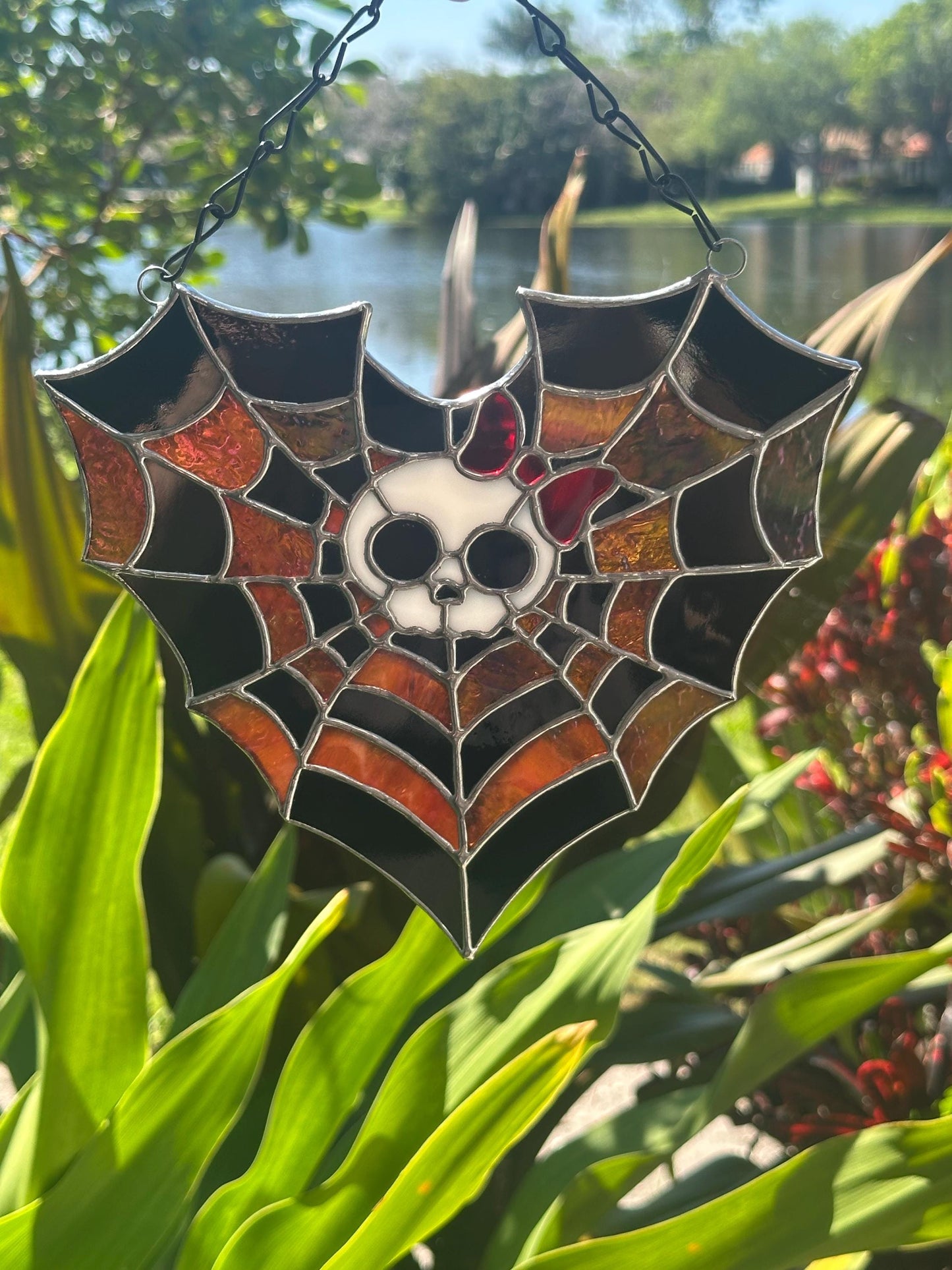 Stained Glass Spiderweb Skull Suncatcher | Gothic Window Hanging