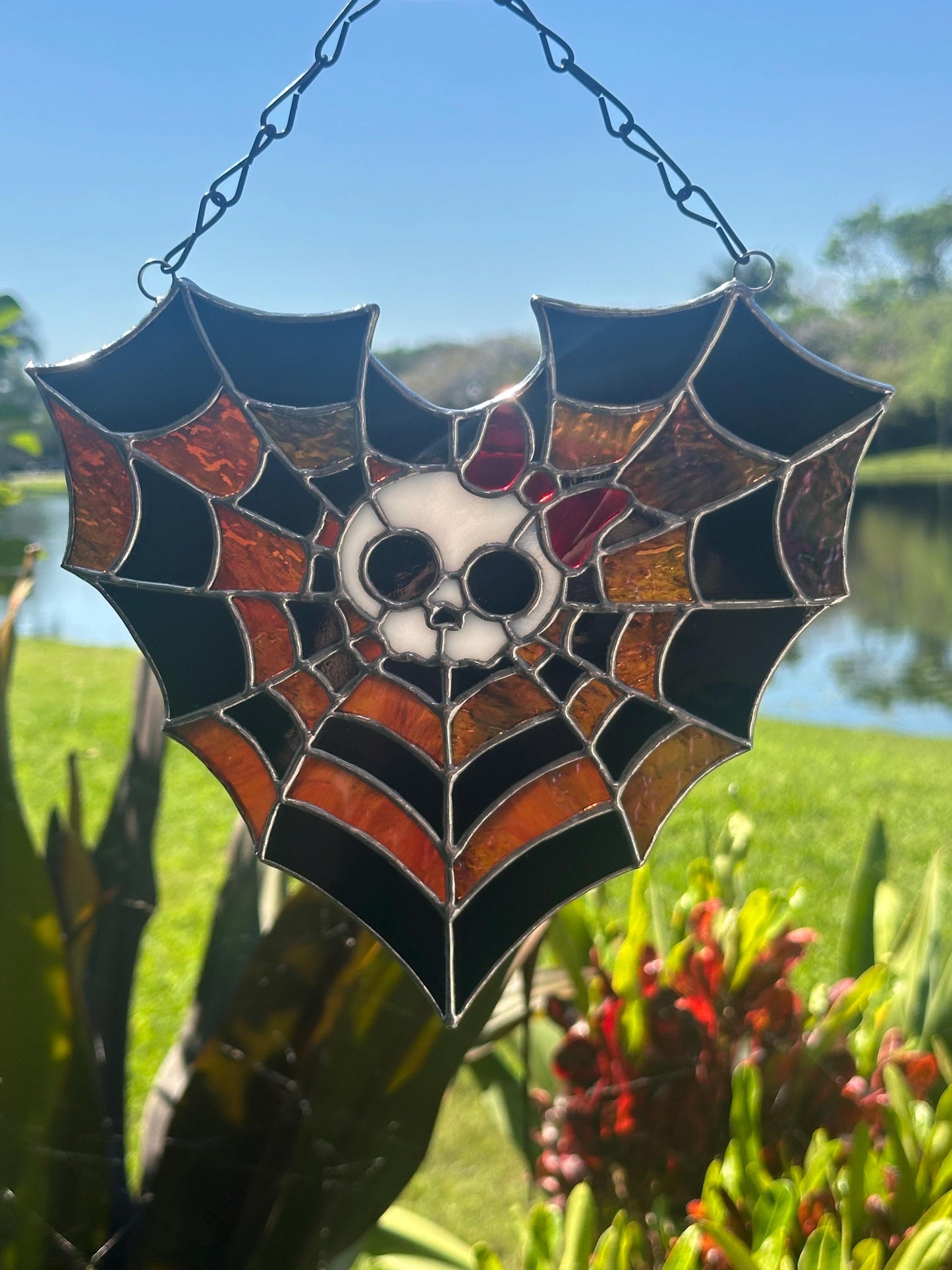 Stained Glass Spiderweb Skull Suncatcher | Gothic Window Hanging