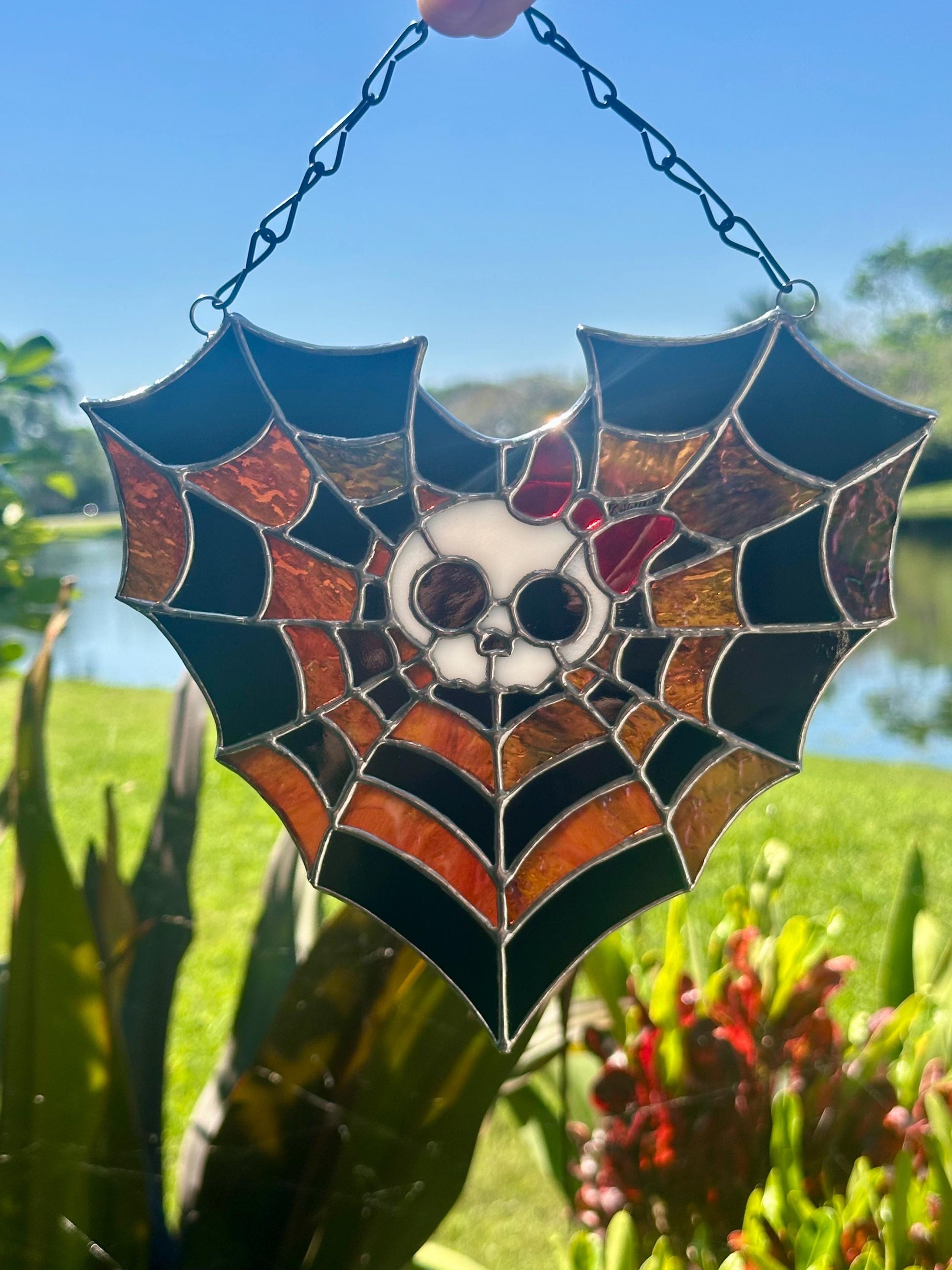Stained Glass Spiderweb Skull Suncatcher | Gothic Window Hanging