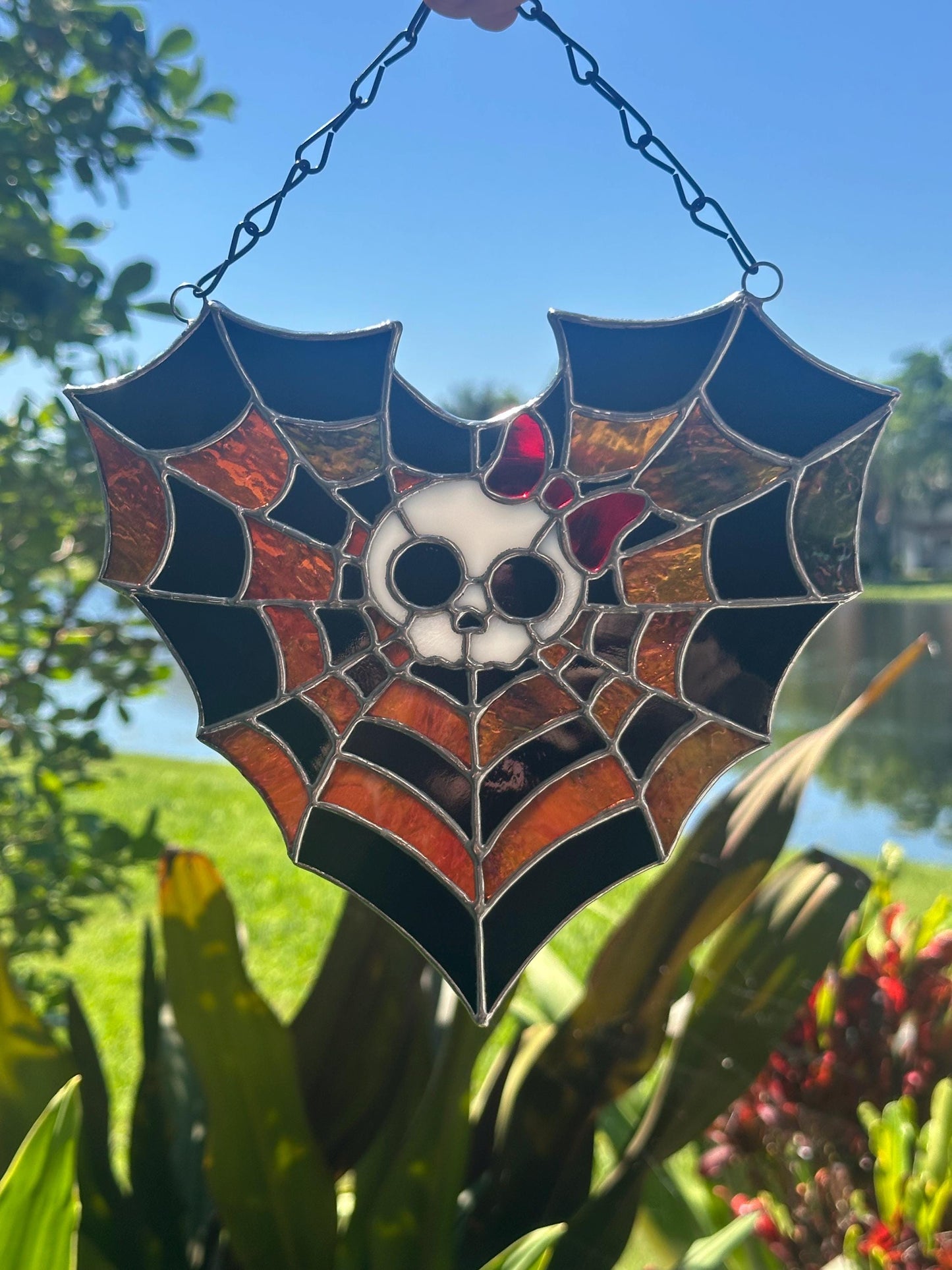 Stained Glass Spiderweb Skull Suncatcher | Gothic Window Hanging