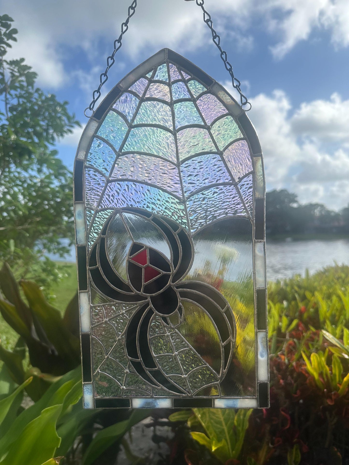 Black Widow Stained Glass Panel – Gothic Spider Web Window Hanging | Handmade Dark Decor