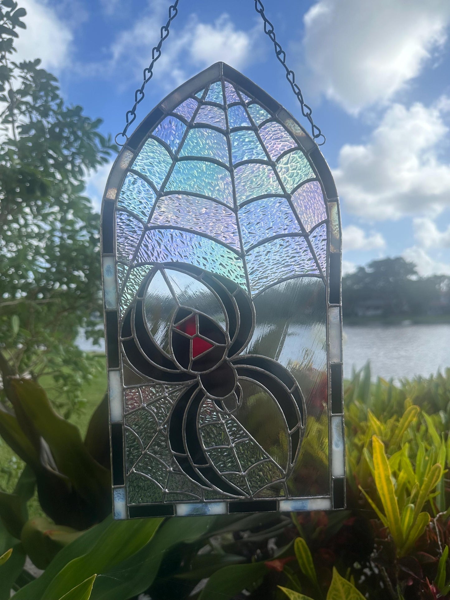 Black Widow Stained Glass Panel – Gothic Spider Web Window Hanging | Handmade Dark Decor