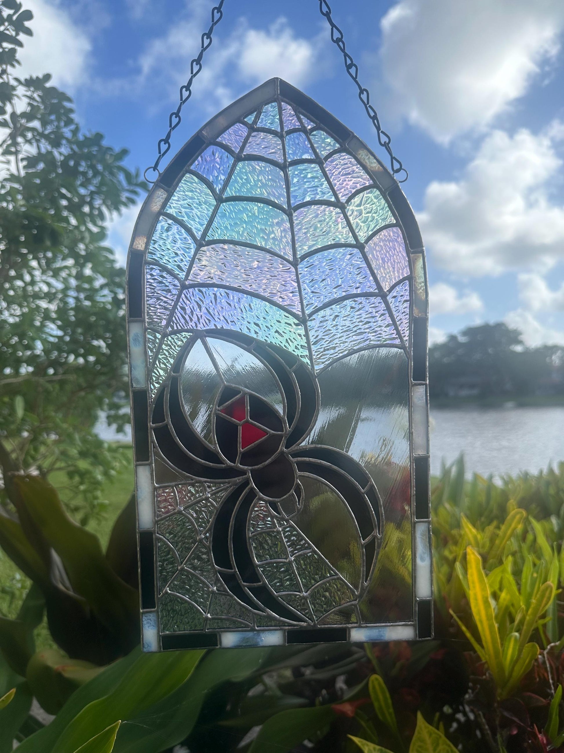 Black Widow Stained Glass Panel – Gothic Spider Web Window Hanging | Handmade Dark Decor