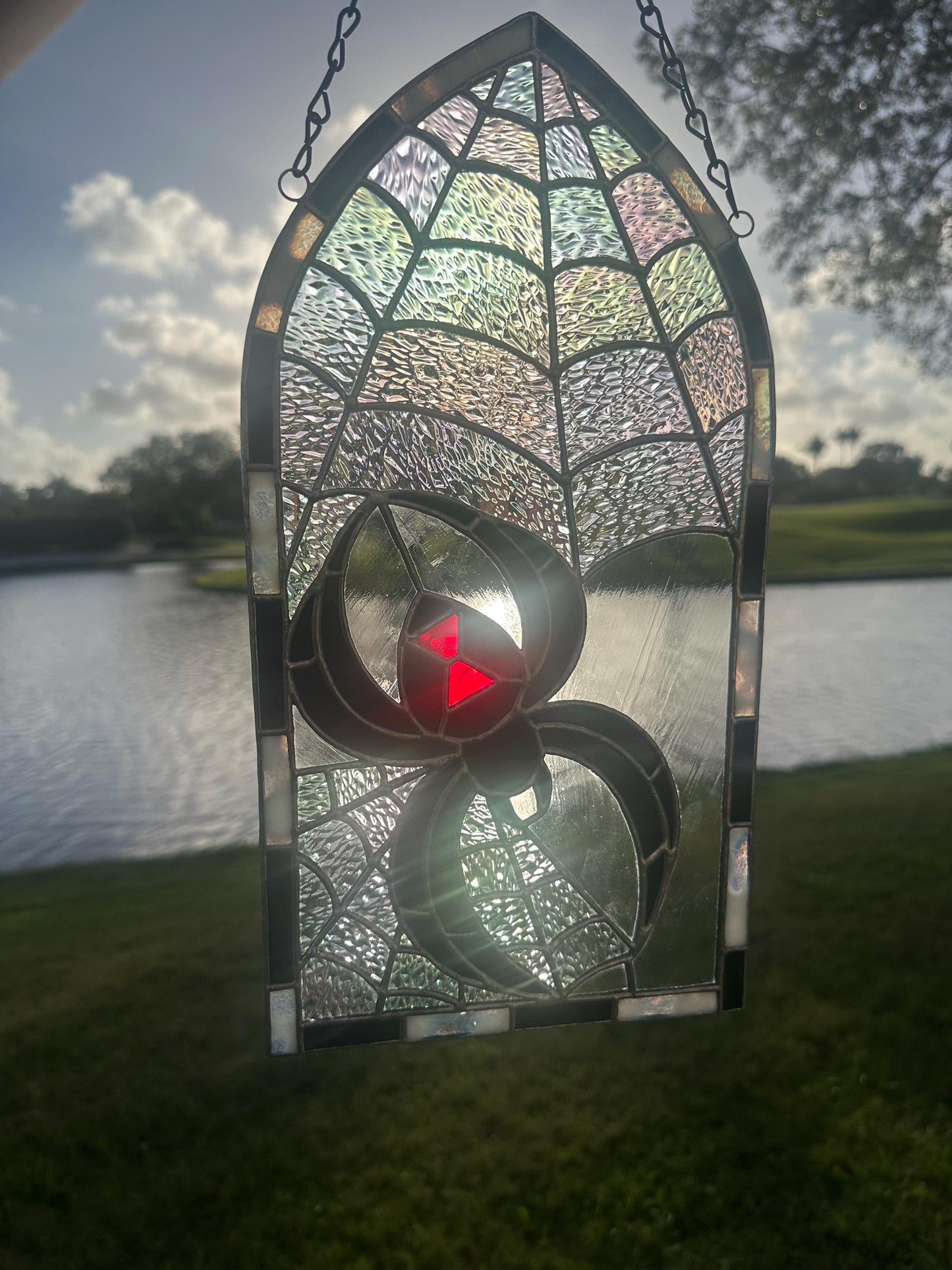 Black Widow Stained Glass Panel – Gothic Spider Web Window Hanging | Handmade Dark Decor
