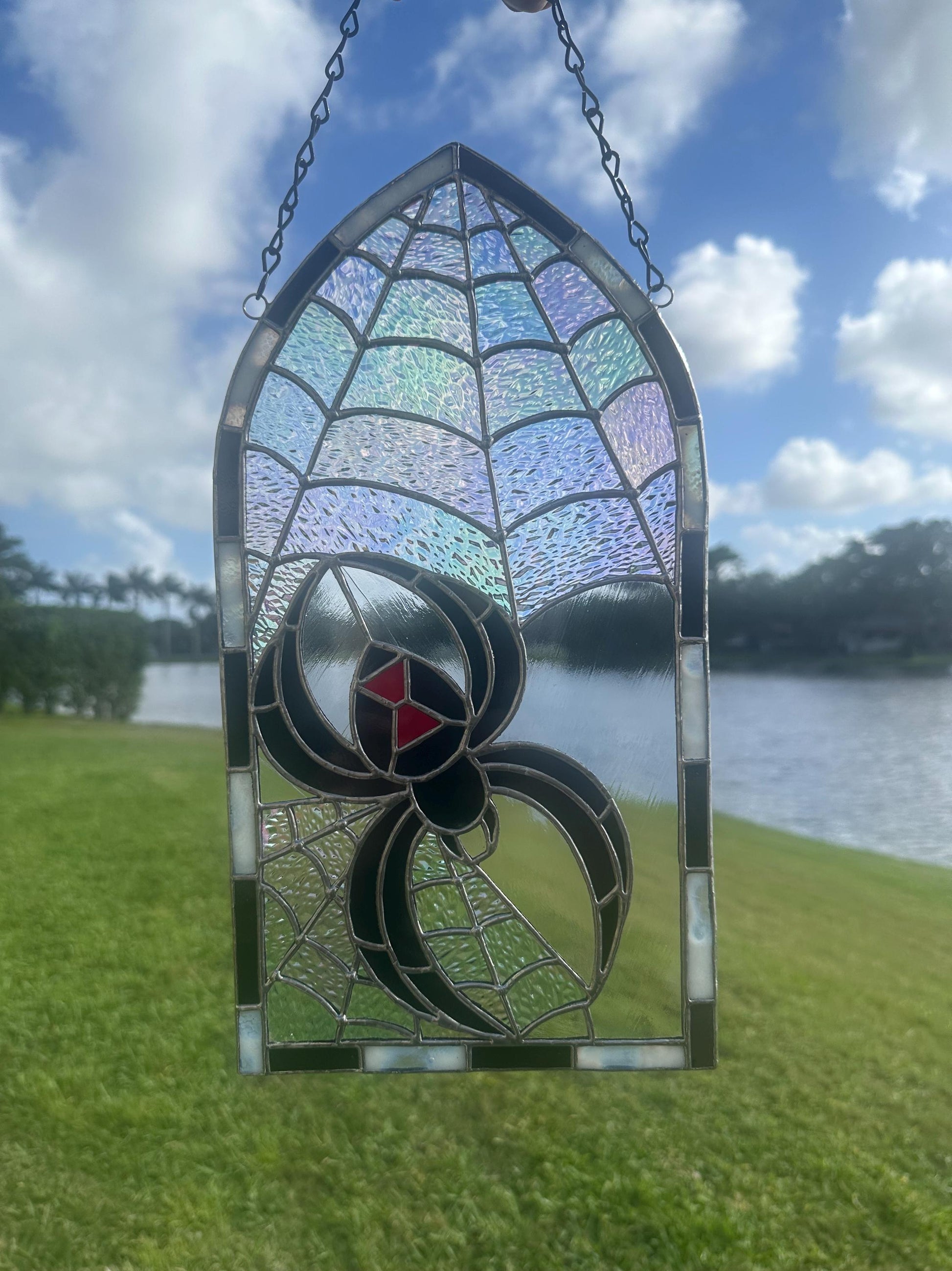 Black Widow Stained Glass Panel – Gothic Spider Web Window Hanging | Handmade Dark Decor