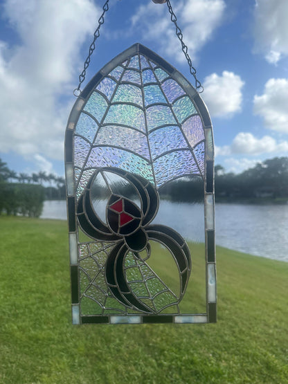 Black Widow Stained Glass Panel – Gothic Spider Web Window Hanging | Handmade Dark Decor