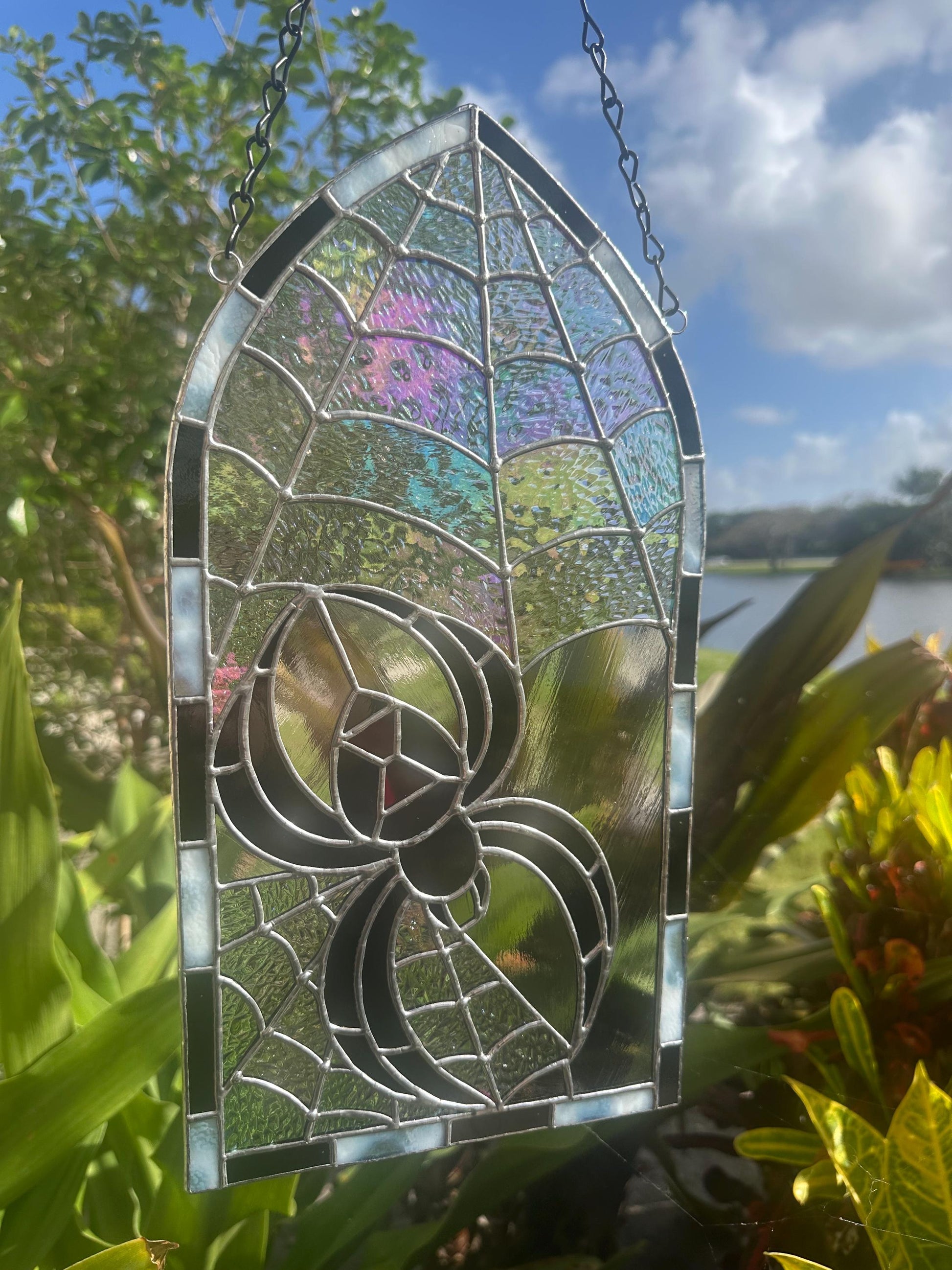 Black Widow Stained Glass Panel – Gothic Spider Web Window Hanging | Handmade Dark Decor