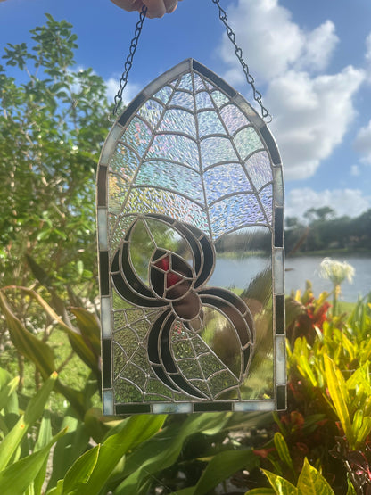 Black Widow Stained Glass Panel – Gothic Spider Web Window Hanging | Handmade Dark Decor