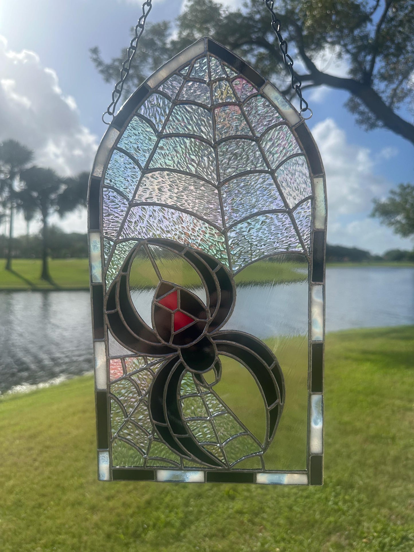 Black Widow Stained Glass Panel – Gothic Spider Web Window Hanging | Handmade Dark Decor