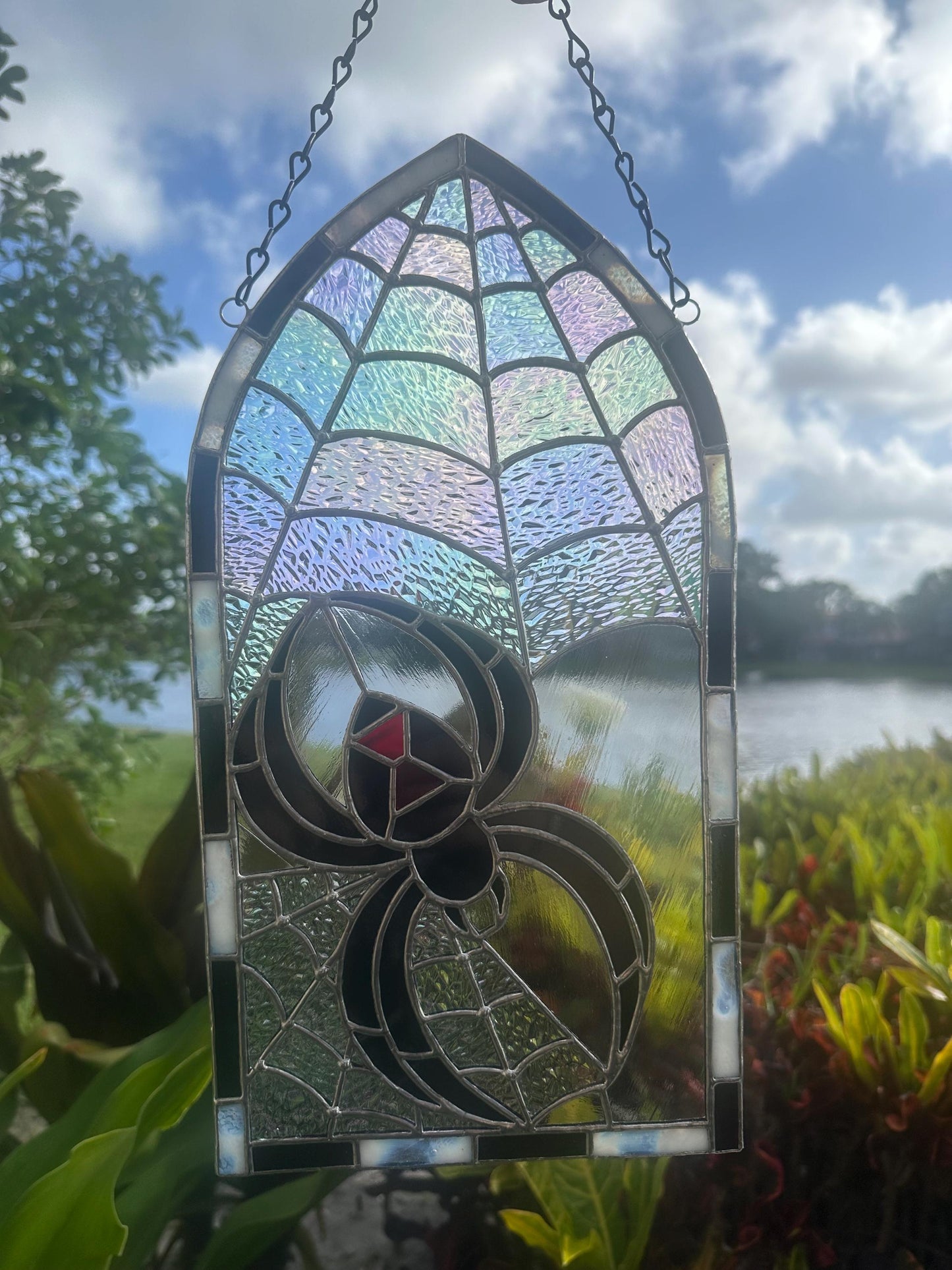Black Widow Stained Glass Panel – Gothic Spider Web Window Hanging | Handmade Dark Decor