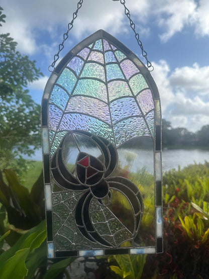 Black Widow Stained Glass Panel – Gothic Spider Web Window Hanging | Handmade Dark Decor