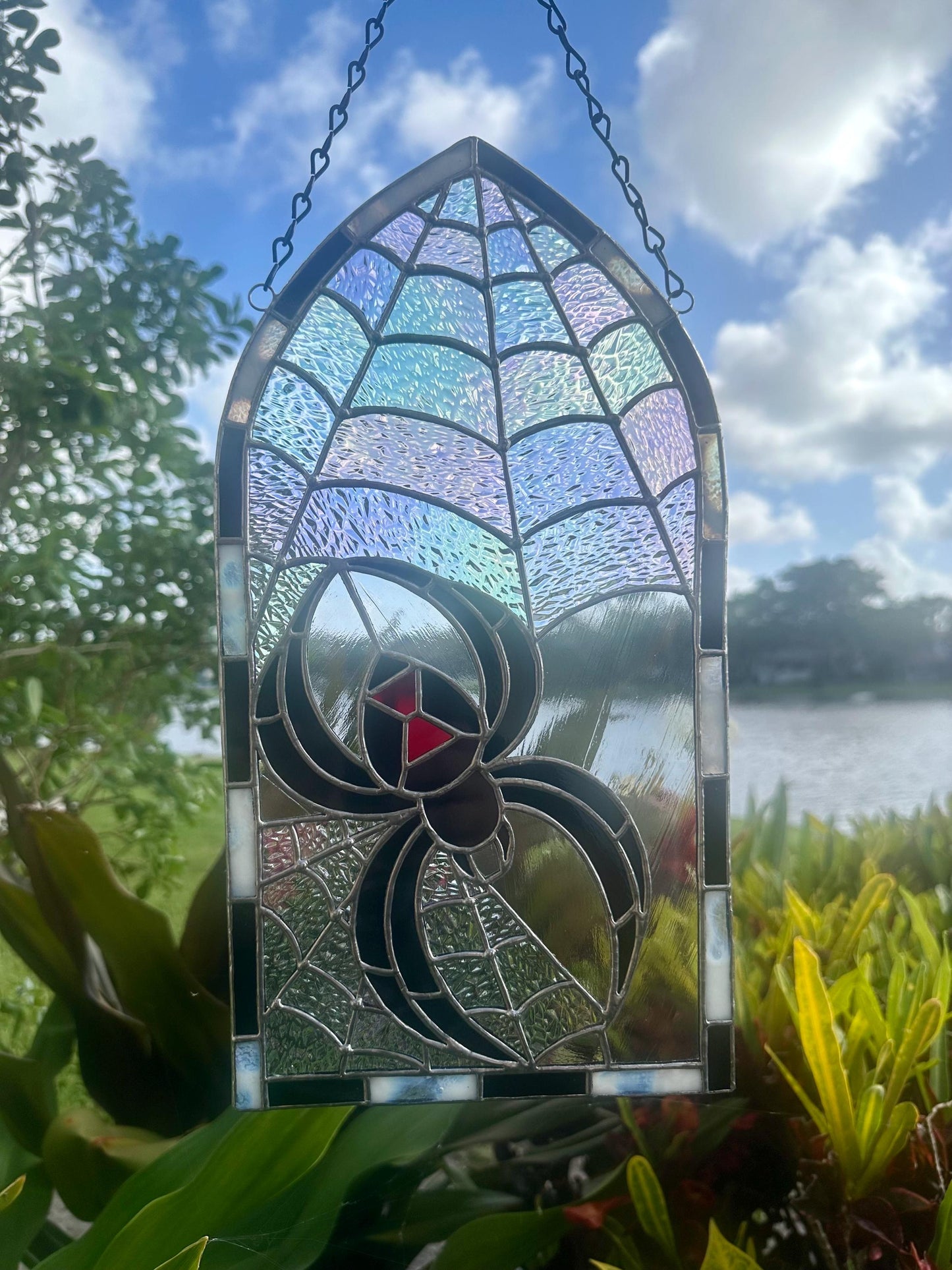 Black Widow Stained Glass Panel – Gothic Spider Web Window Hanging | Handmade Dark Decor