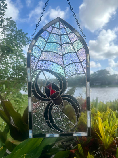 Black Widow Stained Glass Panel – Gothic Spider Web Window Hanging | Handmade Dark Decor