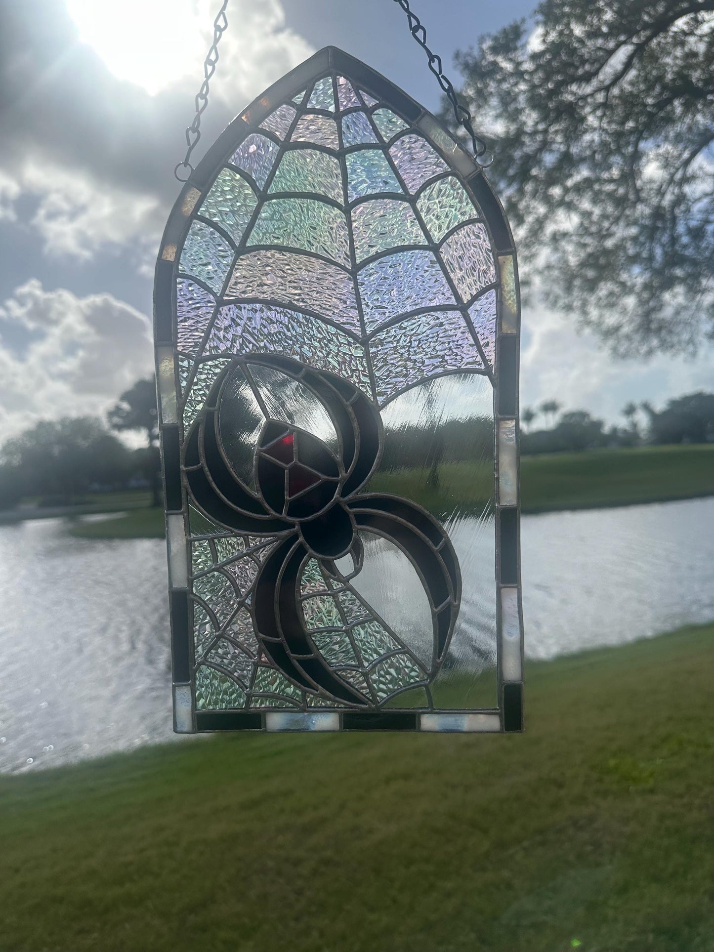 Black Widow Stained Glass Panel – Gothic Spider Web Window Hanging | Handmade Dark Decor