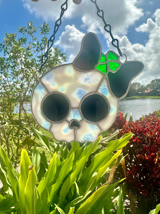 Stained Glass Skull Suncatcher with Clover Accent – Gothic Window Decor