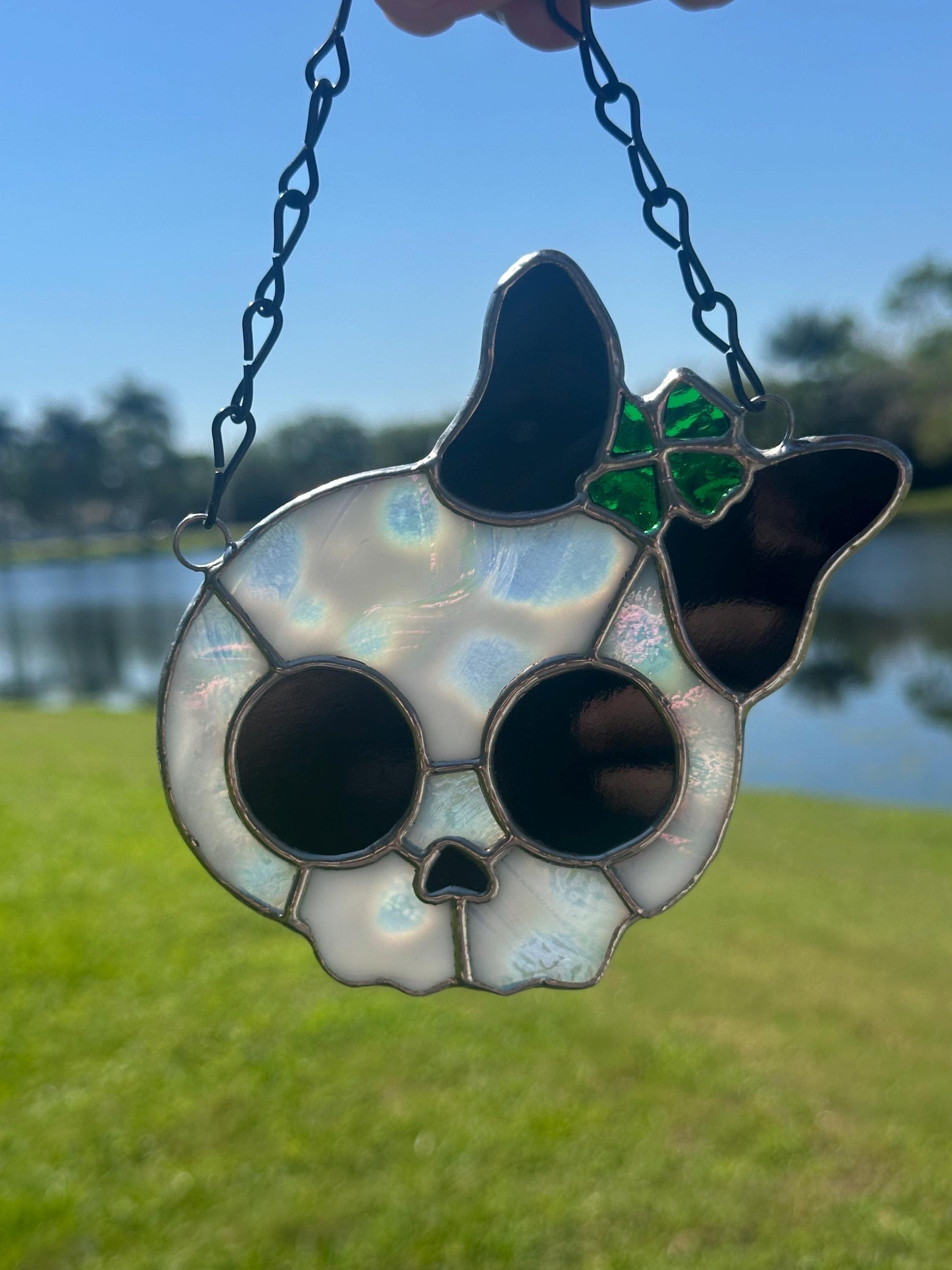Stained Glass Skull Suncatcher with Clover Accent – Gothic Window Decor