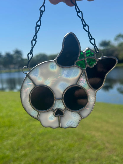 Stained Glass Skull Suncatcher with Clover Accent – Gothic Window Decor