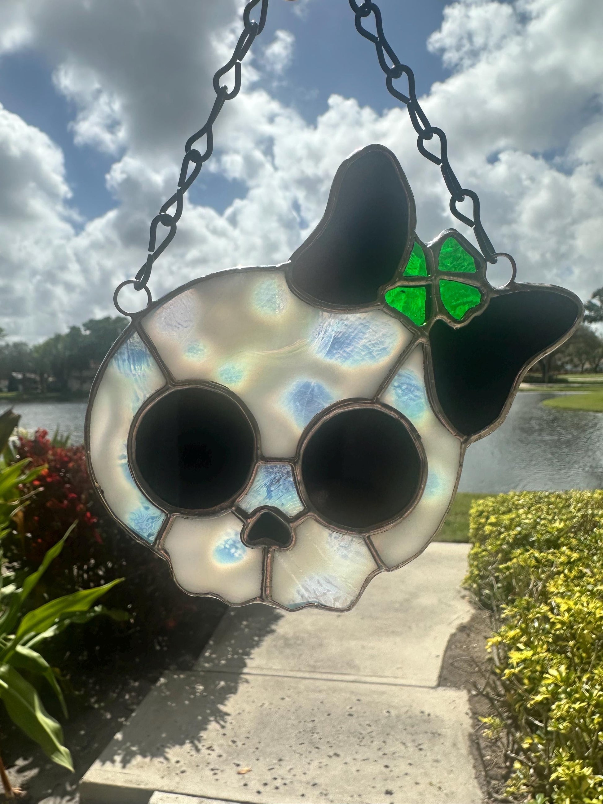 Stained Glass Skull Suncatcher with Clover Accent – Gothic Window Decor