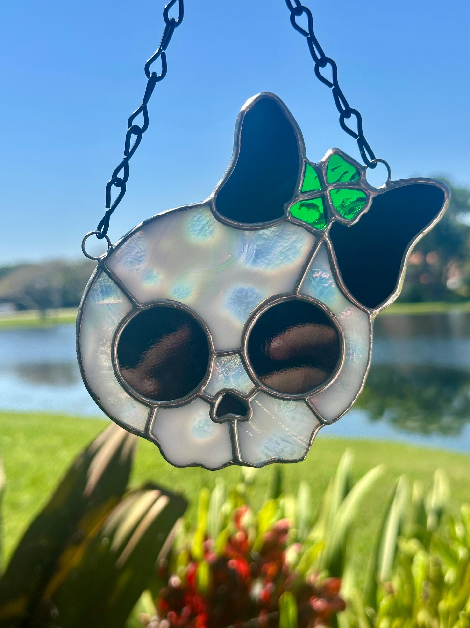 Stained Glass Skull Suncatcher with Clover Accent – Gothic Window Decor