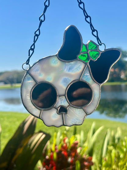 Stained Glass Skull Suncatcher with Clover Accent – Gothic Window Decor