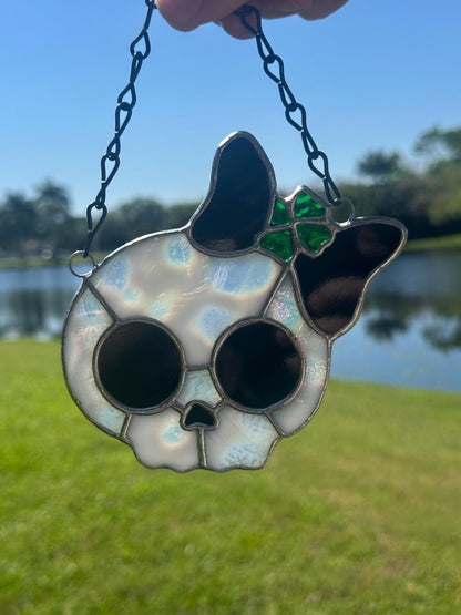 Stained Glass Skull Suncatcher with Clover Accent – Gothic Window Decor
